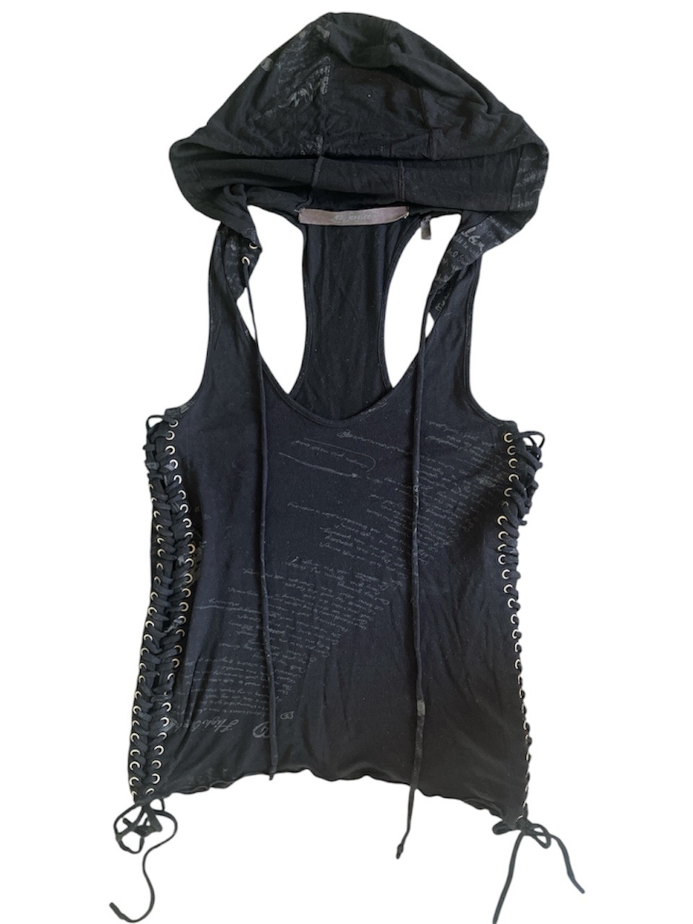 RARE Vintage Y2K Lip Service Black Hooded Lace-Up Sides Racerback Script Tank